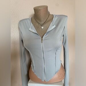 Forever 21 Light Grey Zip Up Long Sleeve Ribbed Top